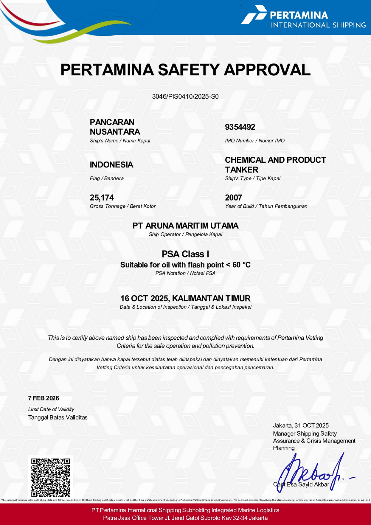 Sertifikat Pertamina Safety Approval